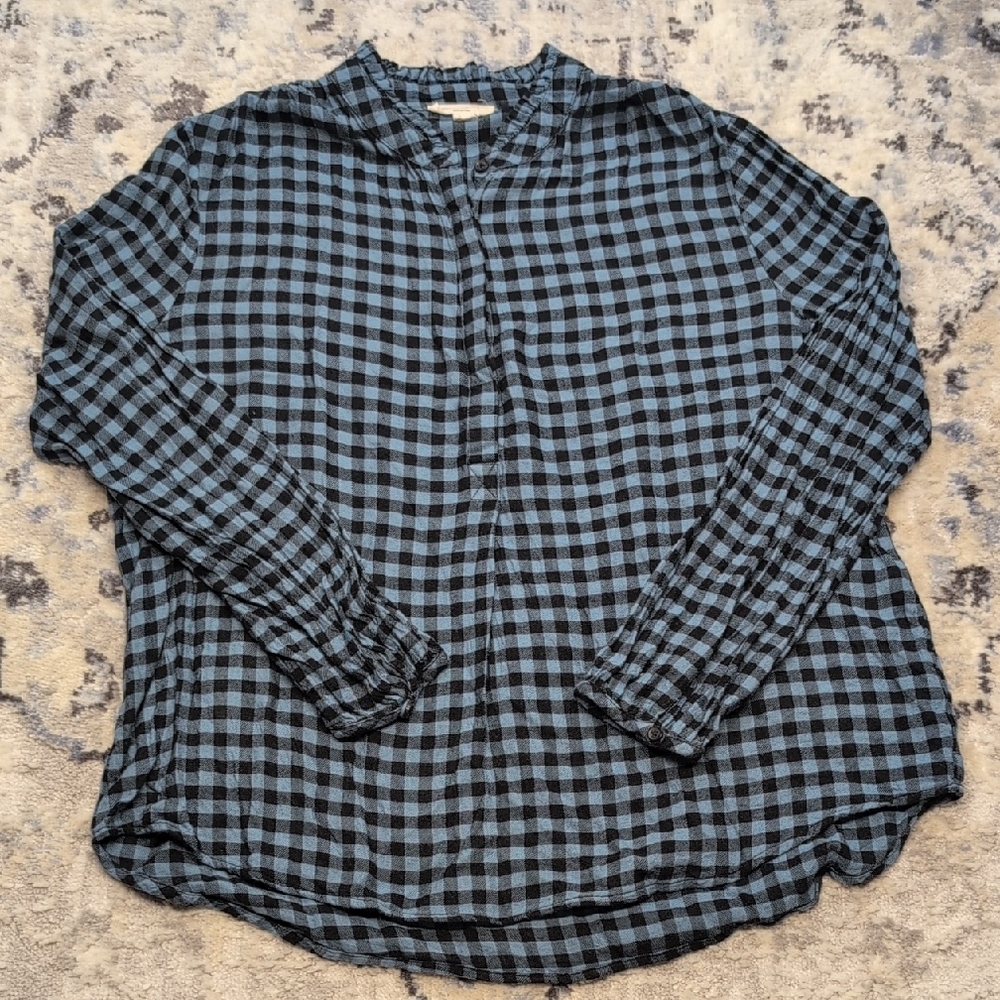 Beachlunchlounge Women’s Large Blue Black Gingham Plaid Button Down Blouse